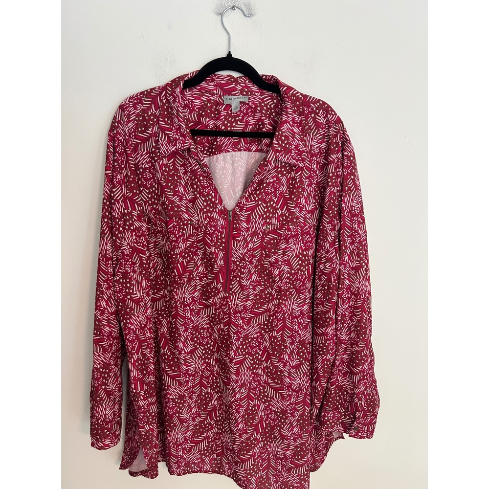 Catherines Womens 4X Red Abstract Feather Print Quarter Zip Blouse Long‎ Sleeve